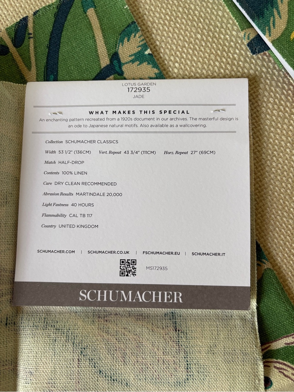 Two Schumacher fabric samples in Lotus Garden. NWT - Picture 2 of 6